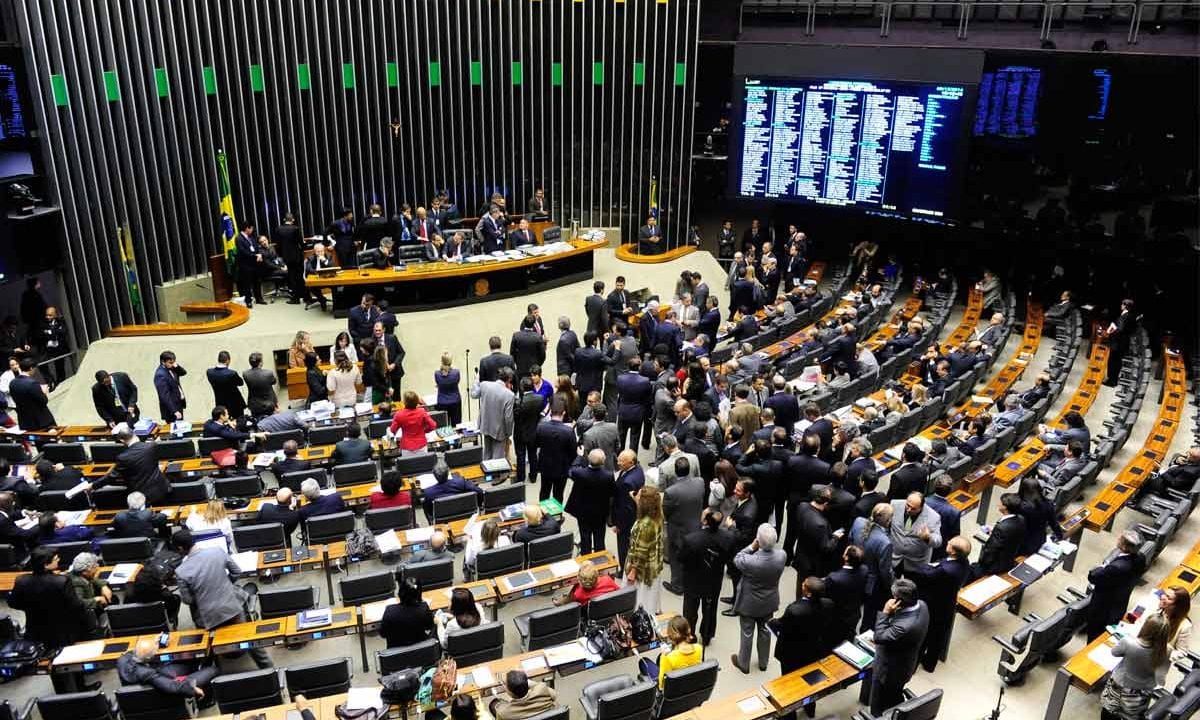 19 parlamentares brasileiros discutindo em sessão plenária